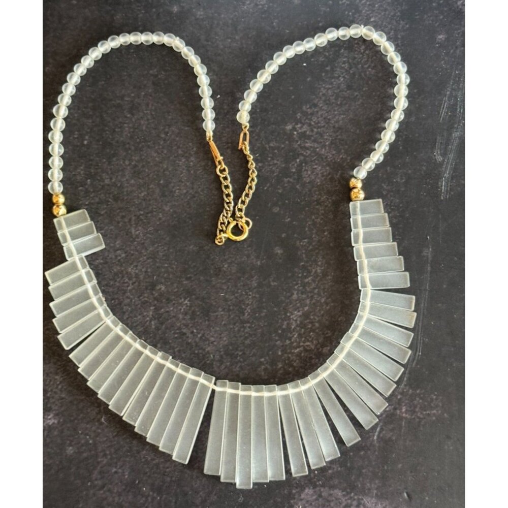 Vintage 14kGF Glass Cabochon Fringe Bib Necklace 18" Elegant Gold & Glass Design - Picture 3 of 6